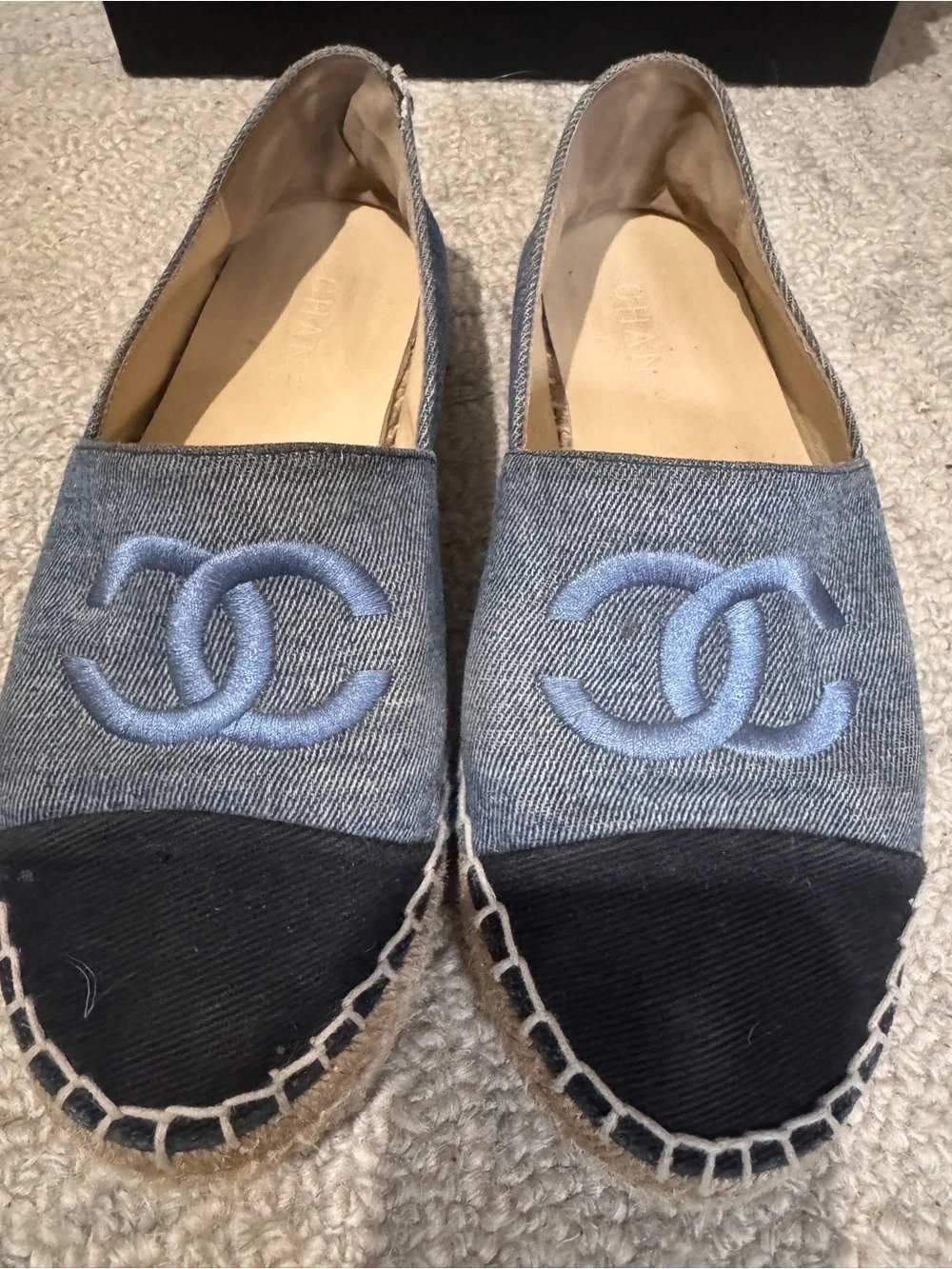 CHANEL Denim Espadrille Flats with Black Cap Toe and Blue CC Logo
